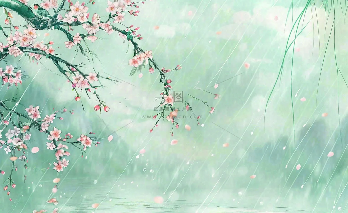 清明节春天桃花柳树燕子山水中国风古风雨水谷雨水墨插画背景