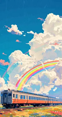 蓝天白云户外铁路草地彩虹手绘,色彩缤纷 蓝天白云户外铁路草地彩虹手绘,色彩缤纷