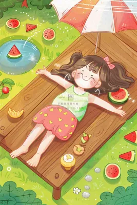 夏季乘凉吃西瓜场景女孩躺着庭院大暑小暑插画炎热插画背后 夏季乘凉吃西瓜场景女孩躺着庭院大暑小暑插画炎热插画背后