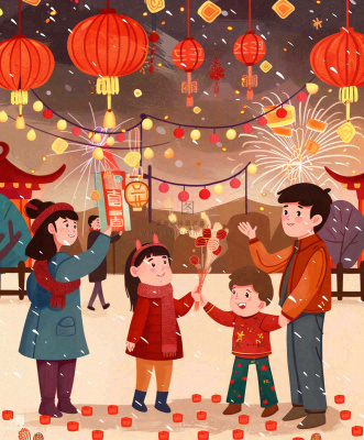 新年一家人游玩张灯结彩热闹喜庆放烟花街道小年除夕春节卡通插画背景 新年一家人游玩张灯结彩热闹喜庆放烟花街道小年除夕春节卡通插画背景