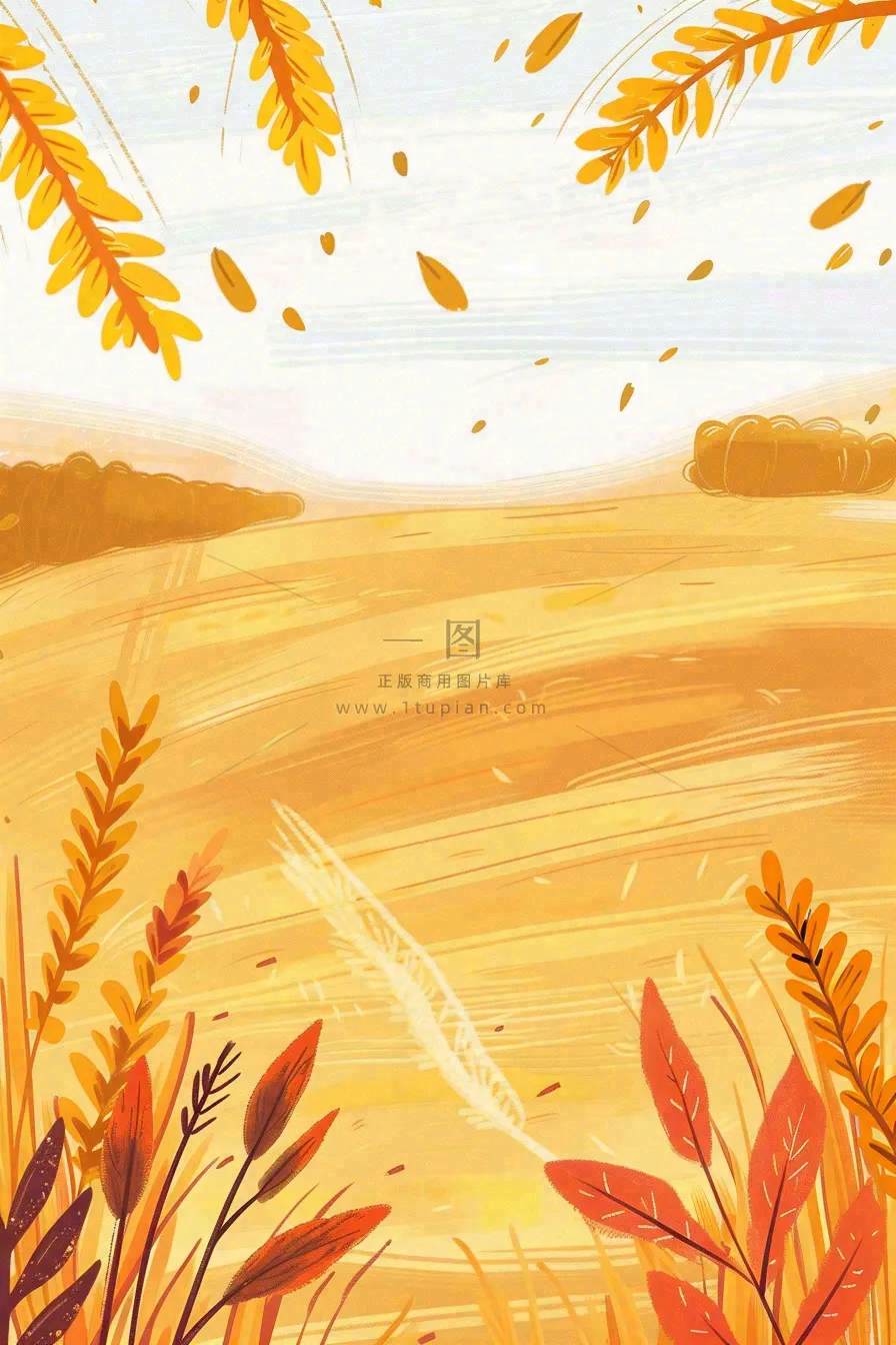 秋天金黄的麦田小麦黄树秋风丰收的季节立秋秋分卡通插画背景