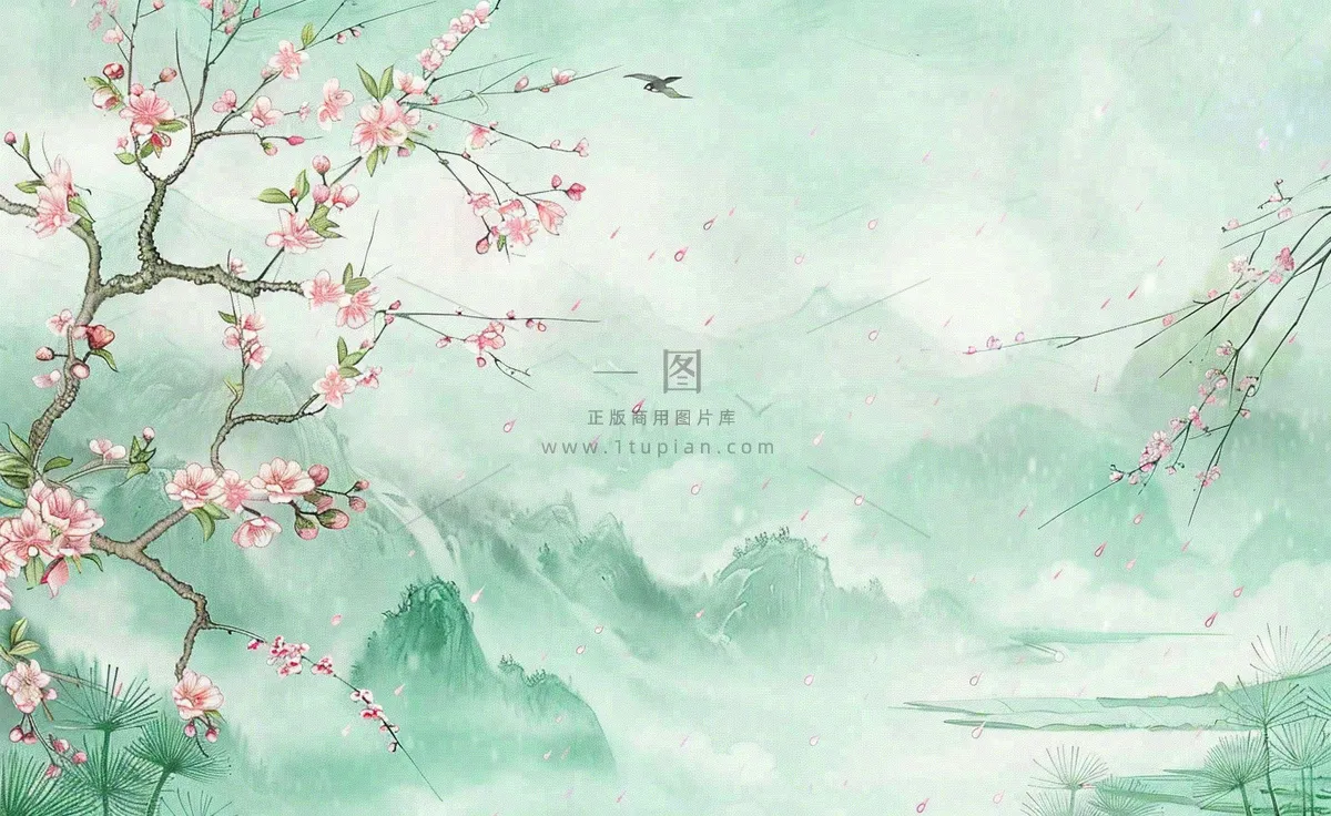 清明节春天桃花柳树燕子山水中国风古风雨水谷雨水墨插画背景