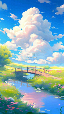 春天草坪河流小溪蓝天白云清新阳光手绘插画，立春春分