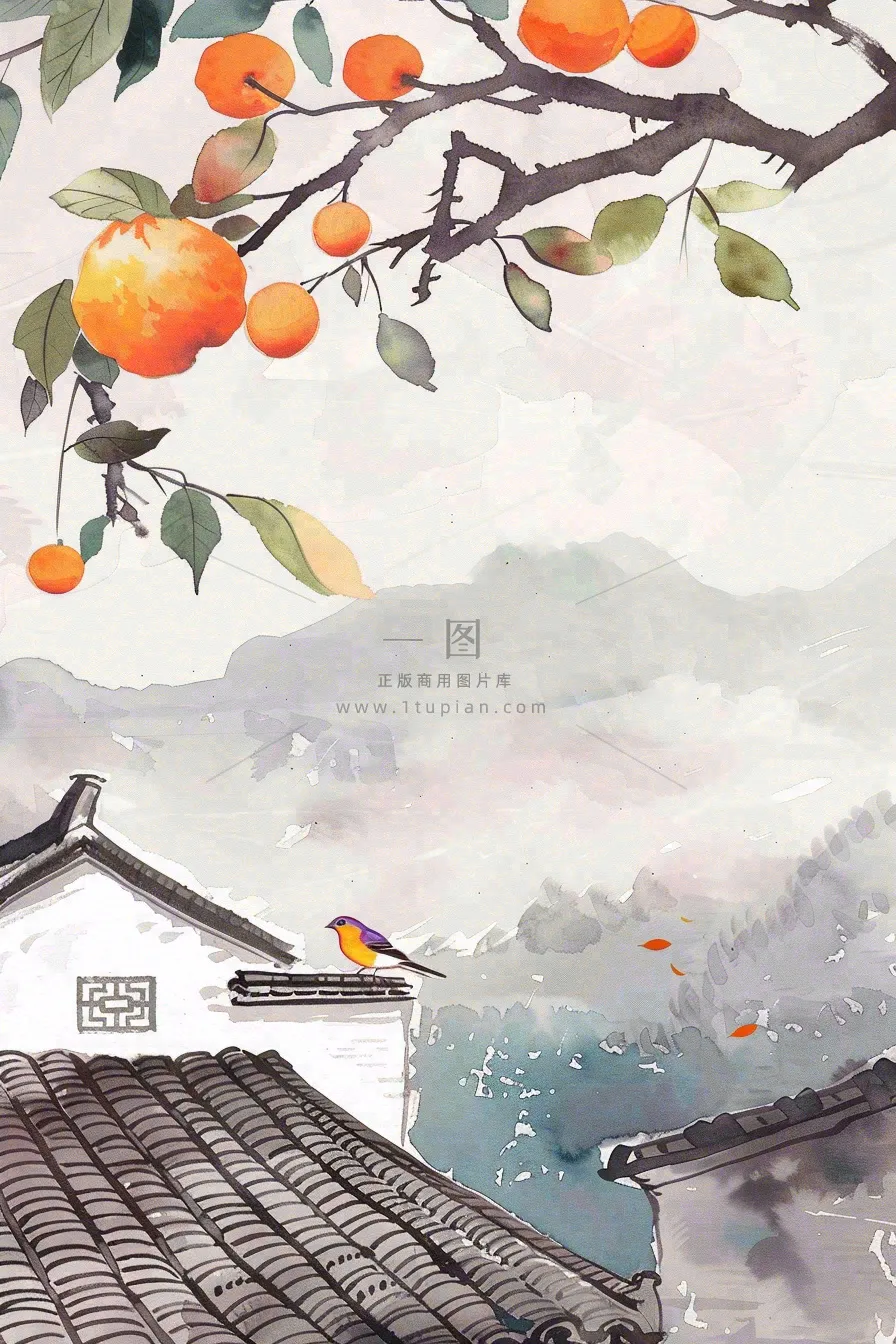 秋天婺源村庄柿子树老式建筑屋檐中国风国画水彩立秋秋分处暑背景