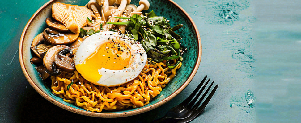 美食方便面鸡蛋意面西餐简餐摄影图