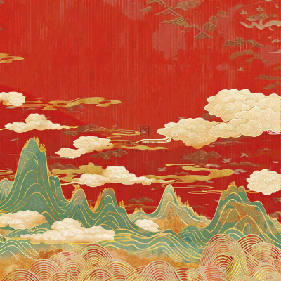 国潮风红色山云祥云青山红色祖国山河磅礴大气古风国庆新年插画背景 国潮风红色山云祥云青山红色祖国山河磅礴大气古风国庆新年插画背景