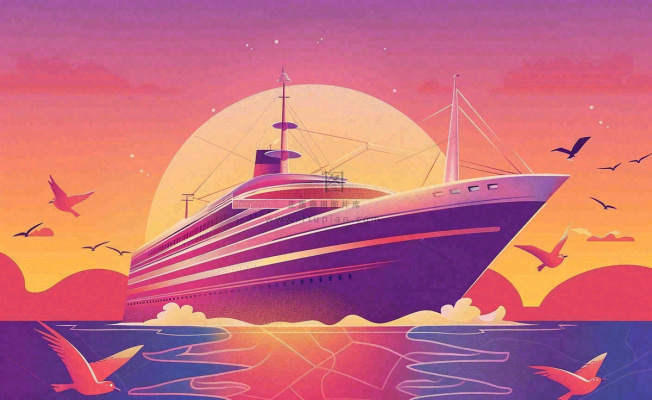 夕阳落日下的海上邮轮船海鸥度假旅游建军卡通插画背景