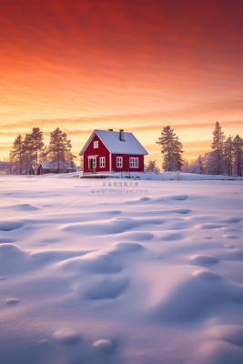 冬季晚霞日落雪景中的小屋木屋美景摄影图