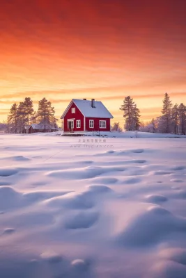 冬季晚霞日落雪景中的小屋木屋美景摄影图