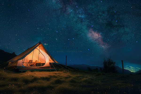 野外露营星空夜晚山顶的帐篷摄影图