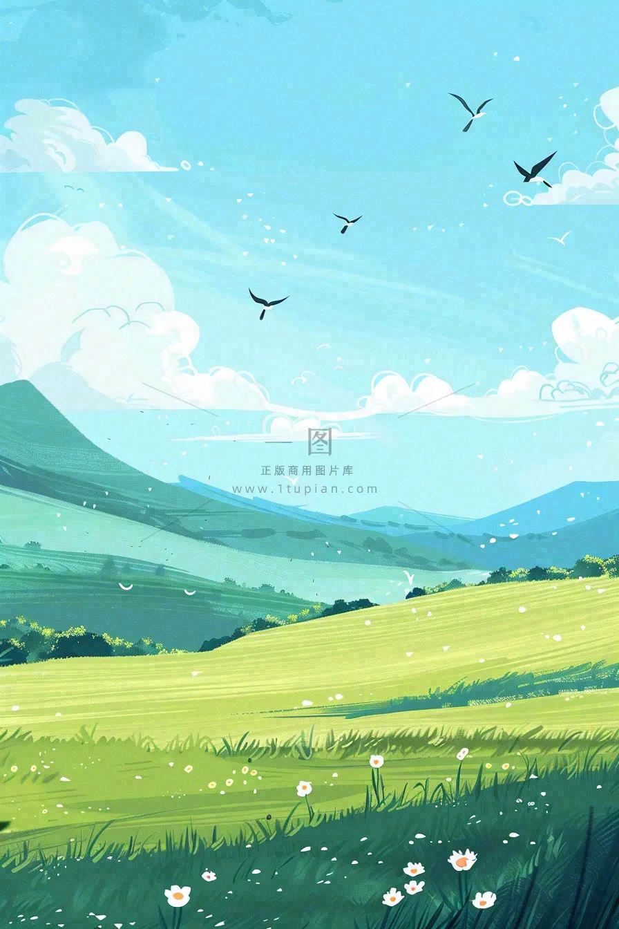 春天春暖花开草原蓝天白云燕子惊蛰春分卡通插画背景
