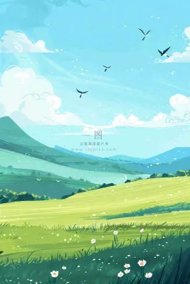 春天春暖花开草原蓝天白云燕子惊蛰春分卡通插画背景 春天春暖花开草原蓝天白云燕子惊蛰春分卡通插画背景