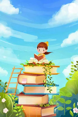 坐着书本课本堆砌上学习的学生孩子创意世界读书日卡通插画背景