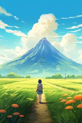 女孩走在山野路上草丛小花高山雪山天空卡通插画背景