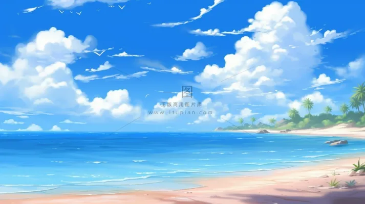 夏日海边沙滩蓝天白云插画背景