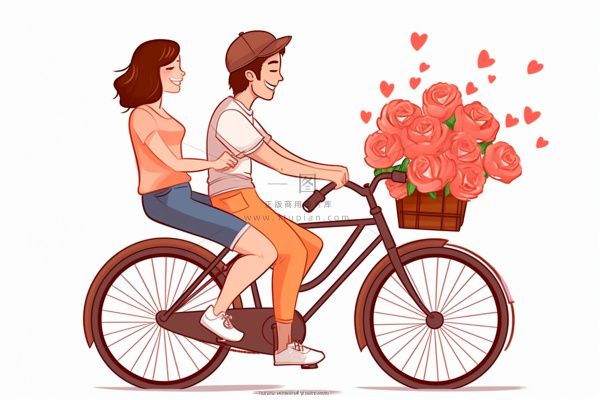 520情人节情侣骑车花束浪漫插画素材背景