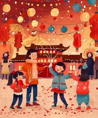 新年一家人游玩张灯结彩热闹喜庆放烟花街道小年除夕春节卡通插画背景