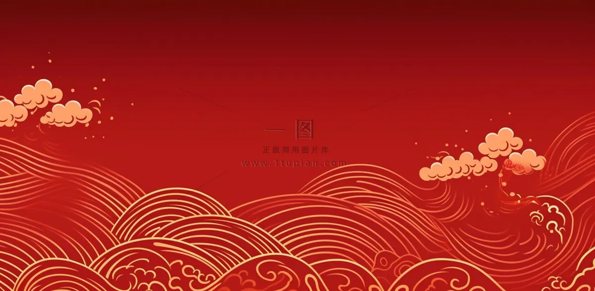 大红色复古简约古风海浪纹边角框金复古底纹背景