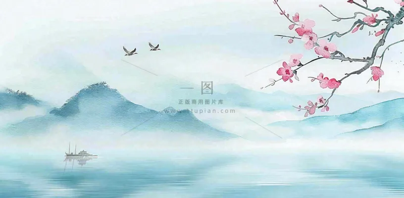 中国风水墨画山水船梅花春天春分清明插画背景