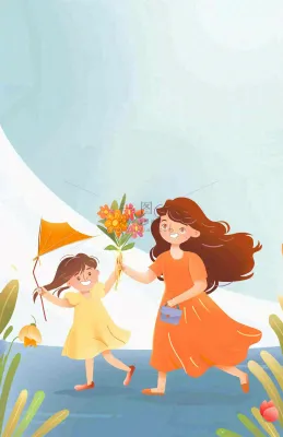 母亲节给妈妈送花的孩子亲情温馨插画背景 母亲节给妈妈送花的孩子亲情温馨插画背景