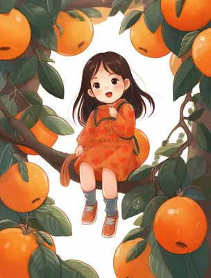 女孩少女坐着橘子树上可爱卡通插画素材背景