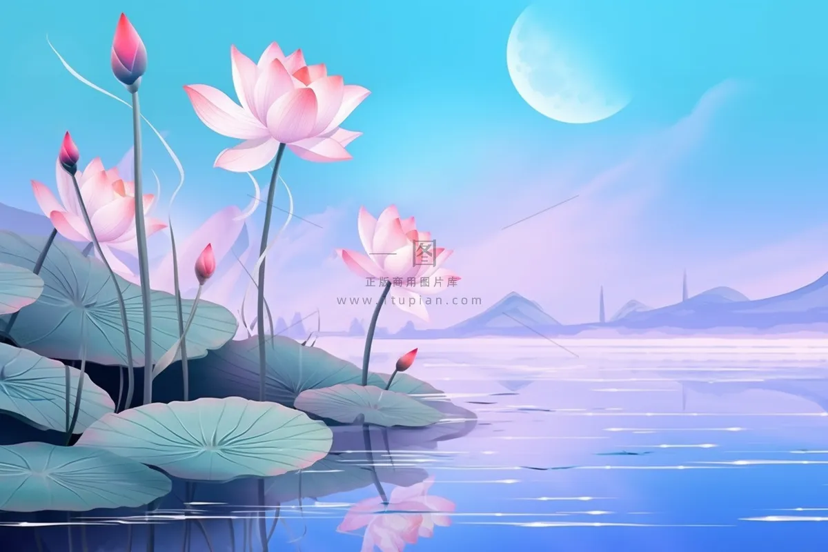 蓝色光影清新荷花背景