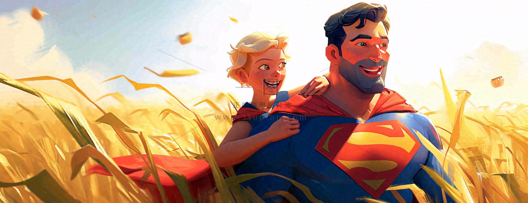 秋天麦田里的超人爸爸,父亲节父爱温馨,陪伴孩子插画 秋天麦田里的超人爸爸,父亲节父爱温馨,陪伴孩子插画