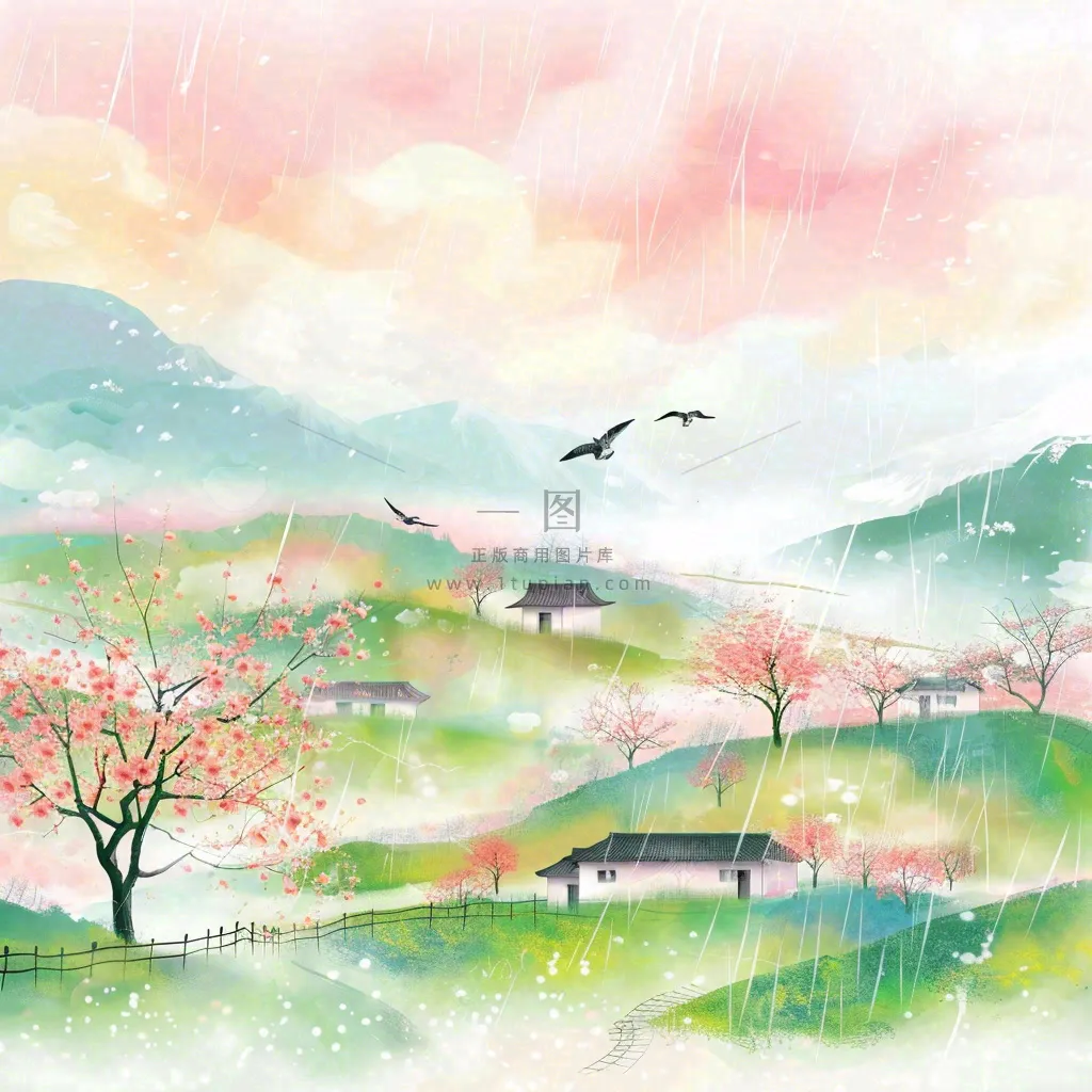 春天春分春暖花开江南山林桃花国画徽式建筑古风水墨插画背景