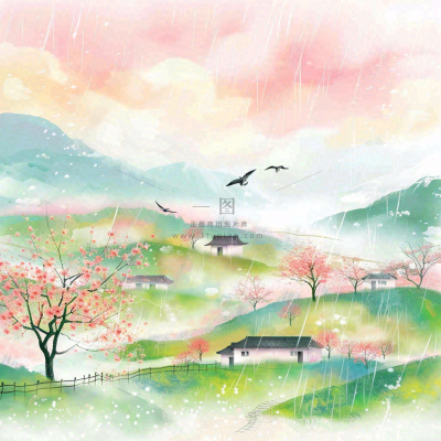 春天春分春暖花开江南山林桃花国画徽式建筑古风水墨插画背景 春天春分春暖花开江南山林桃花国画徽式建筑古风水墨插画背景