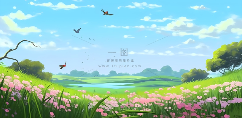 春天蓝天白云草原绿色树草地手绘插画海报素材背景