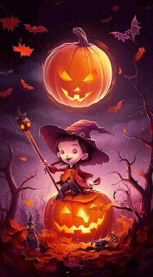 万圣节夜晚黑色南瓜恐怖卡通小鬼手绘插画