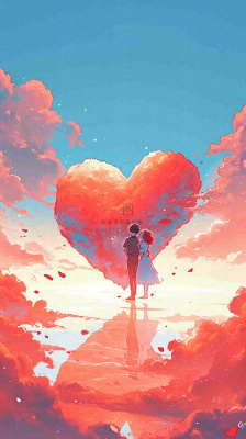 情人节浪漫情人爱心落日蓝天唯美,情侣亲吻爱情,卡通手绘插画 情人节浪漫情人爱心落日蓝天唯美,情侣亲吻爱情,卡通手绘插画
