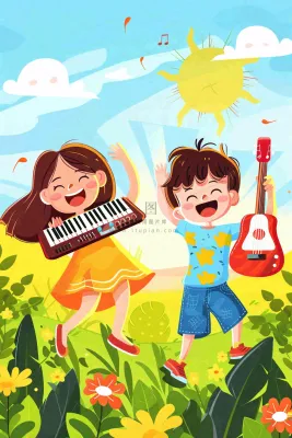夏日音乐会乐器弹唱儿童草坪欢乐儿童节夏至卡通插画背景