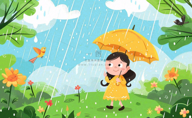 春天雨季女孩打伞在森林公园里嬉戏小草花丛鸟春游踏青雨水谷雨卡通插画背景