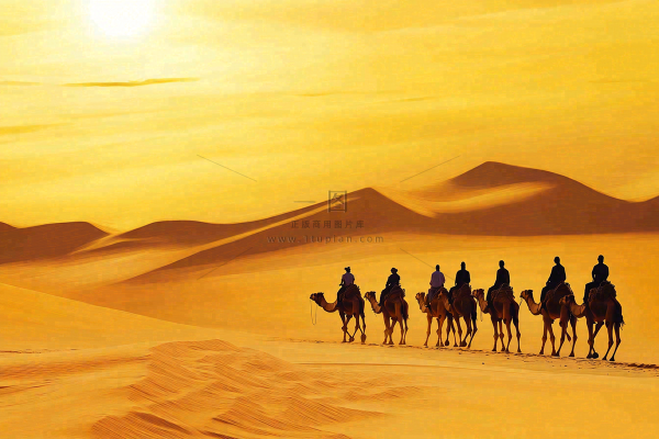 沙漠里的骆驼队伍黄沙夕阳大漠风光自然风景摄影图