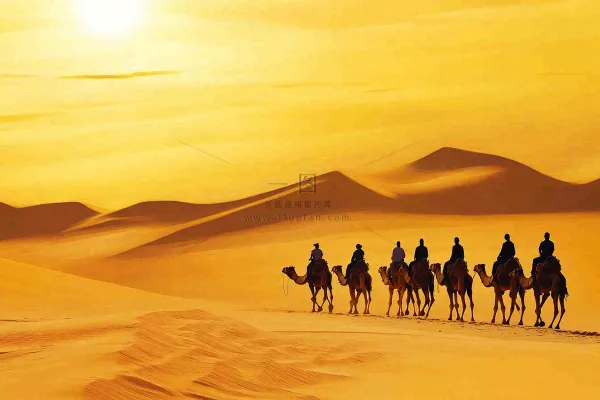 沙漠里的骆驼队伍黄沙夕阳大漠风光自然风景摄影图
