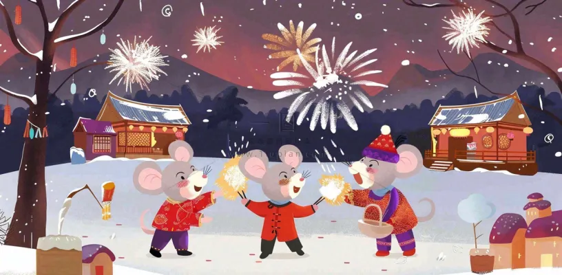鼠年新年雪地放烟花的老鼠新年春节氛围热闹卡通插画背景