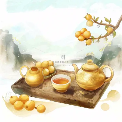 秋天果树杏树下茶壶饮茶卡通插画立秋秋分背景 秋天果树杏树下茶壶饮茶卡通插画立秋秋分背景