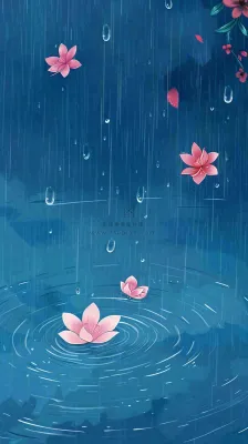 雨天雨滴低落水面泛起涟漪粉色花朵雨水谷雨寒露背景