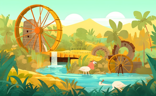春天田园绿色自然风车水河流畜牧插画素材背景 春天田园绿色自然风车水河流畜牧插画素材背景