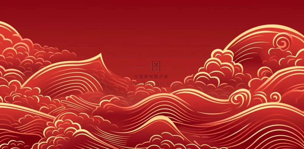 大红色复古简约古风海浪纹边角框金复古底纹背景