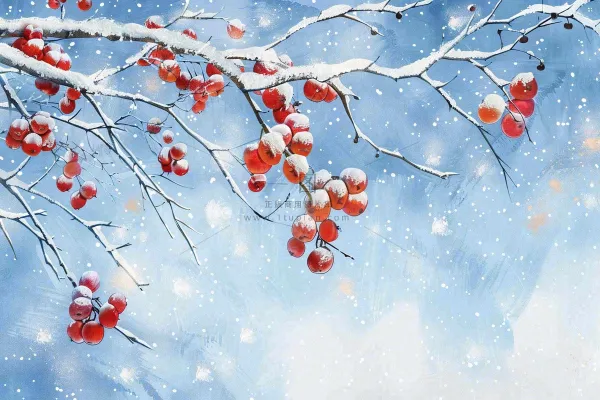 冬天白雪覆盖的红色果实白霜霜降小雪大雪水彩插画背景