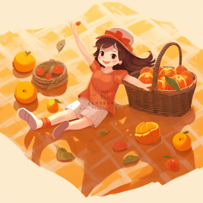 野餐垫上的女孩水果玩耍开心橙色插画素材背景