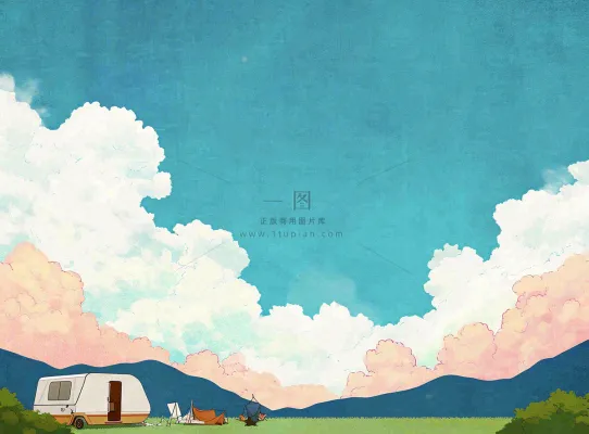 春天夏日清新草坪房车旅行露营玩耍手绘插画 春天夏日清新草坪房车旅行露营玩耍手绘插画