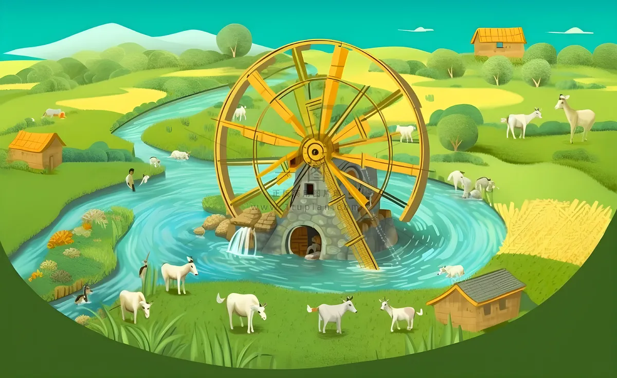 春天田园绿色自然风车水河流畜牧插画素材背景