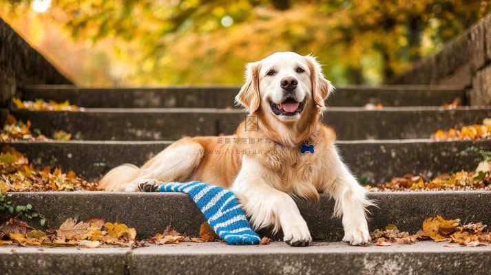 秋天公园台阶上的金毛犬狗宠物摄影图