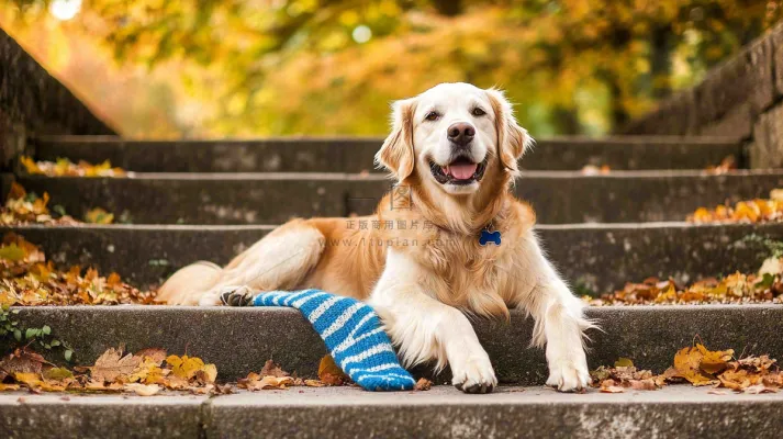 秋天公园台阶上的金毛犬狗宠物摄影图