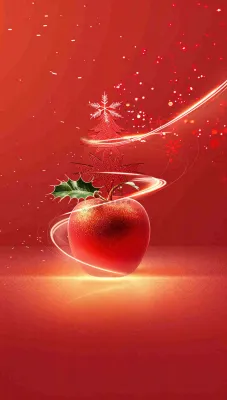 平安夜创意插画红苹果金色圣诞树线条围绕插画背景