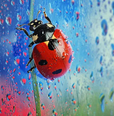 玻璃雨水下的绿叶昆虫七星瓢虫，彩色植物摄影图