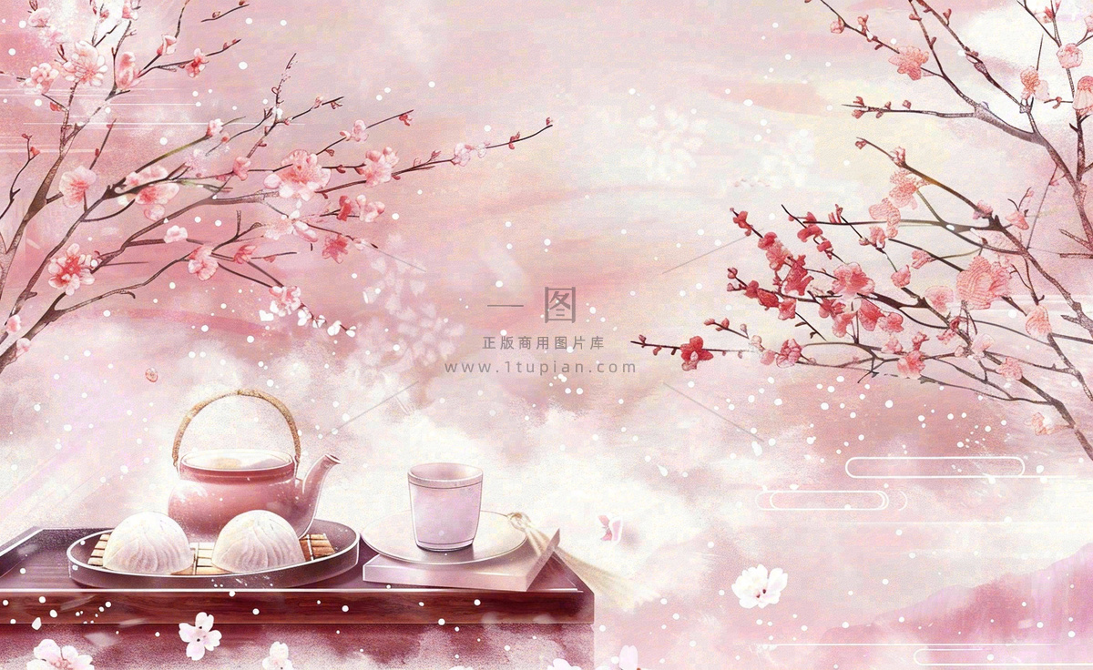 古风冬天冬至新年春节梅花饺子包子酒壶美食植物雪景立冬小雪山水风景插画